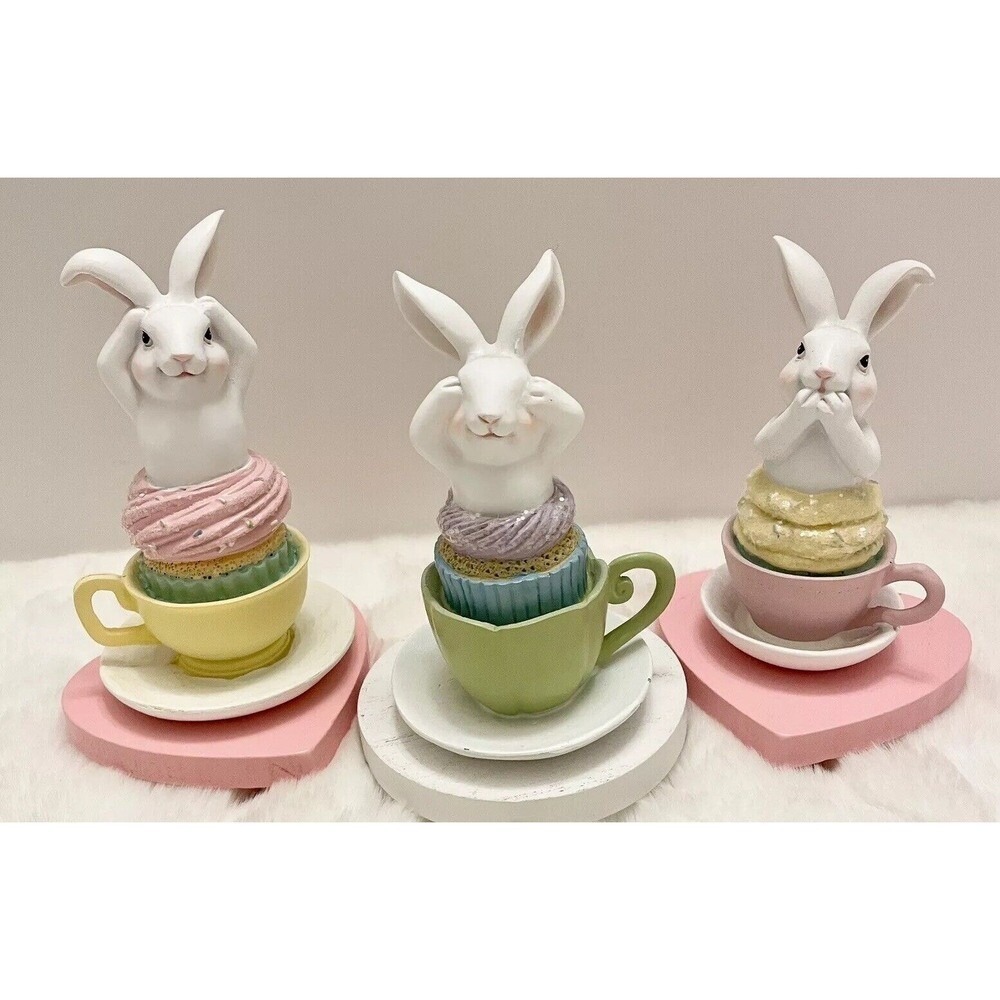 SWEET TREATS Easter Bunnies in Teacups Figurines‎ Hear Speak See No Evil …